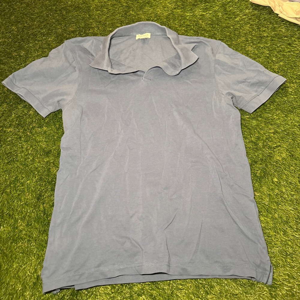Sunspel Riviera Polo Shirt Mens Medium Blue Short Sleeve Cotton Pique Portugal